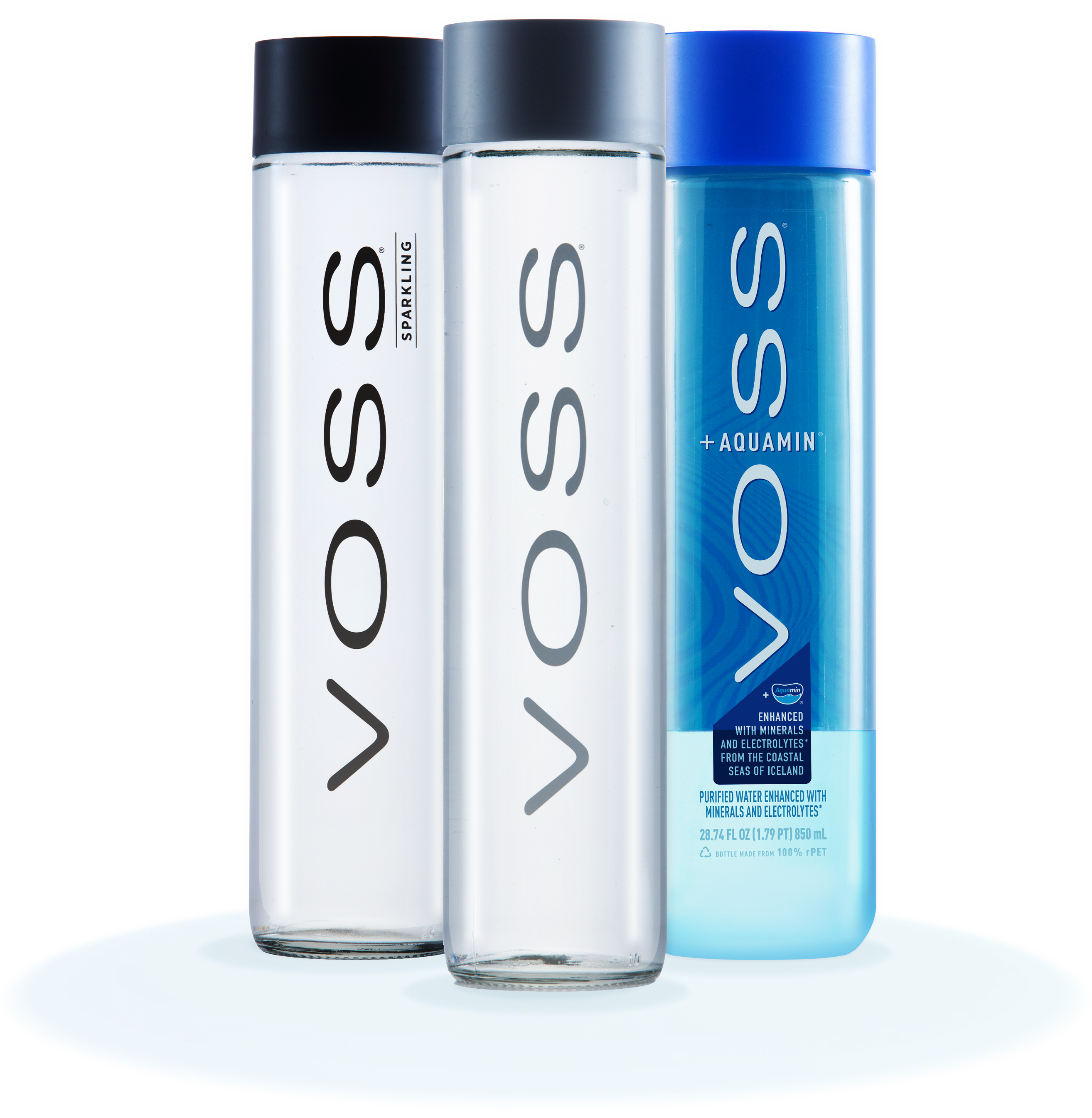 VOSS Sparkling, VOSS Still, and VOSS plus Aquamin bottles